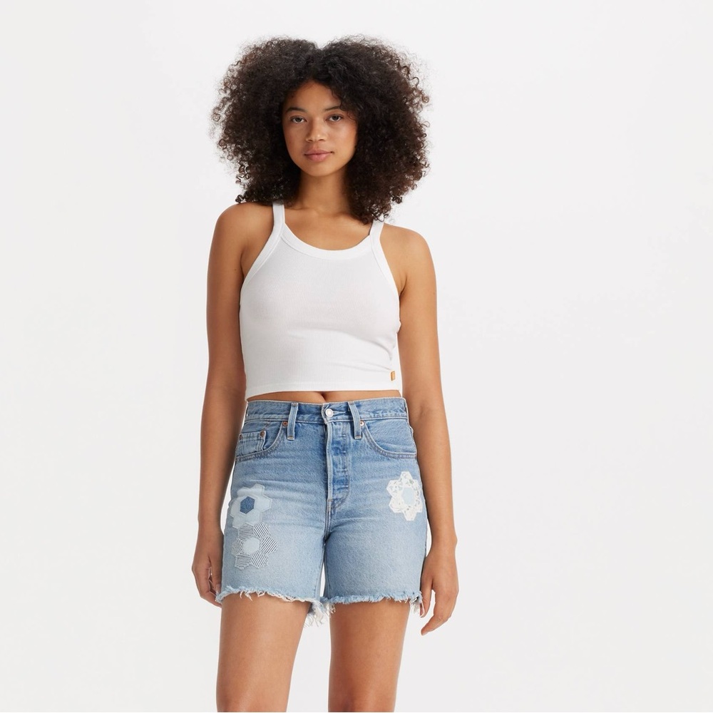 LEVI’S 501 MID THIGH WOMEN'S SHORTS GEO FLORAL APLIQUÉ - Picture 5 of 11